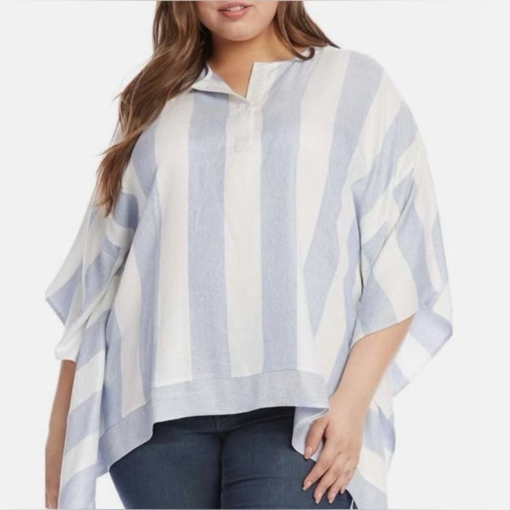 Striped Popover Poncho Top - Light Blue & White